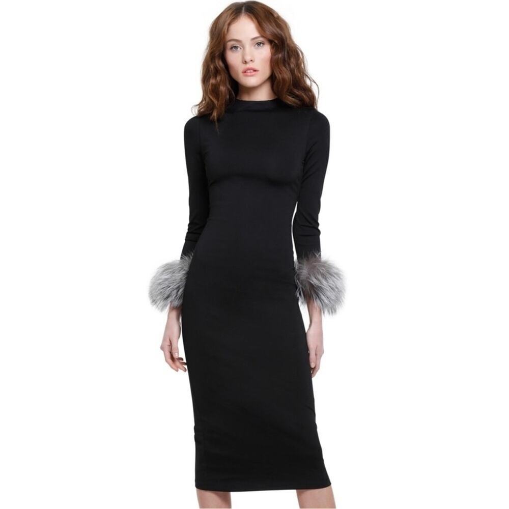 Alice + Olivia Delora Fox Fur Cuff Midi Dress Size 4 Black Gray Wiggle Fitted